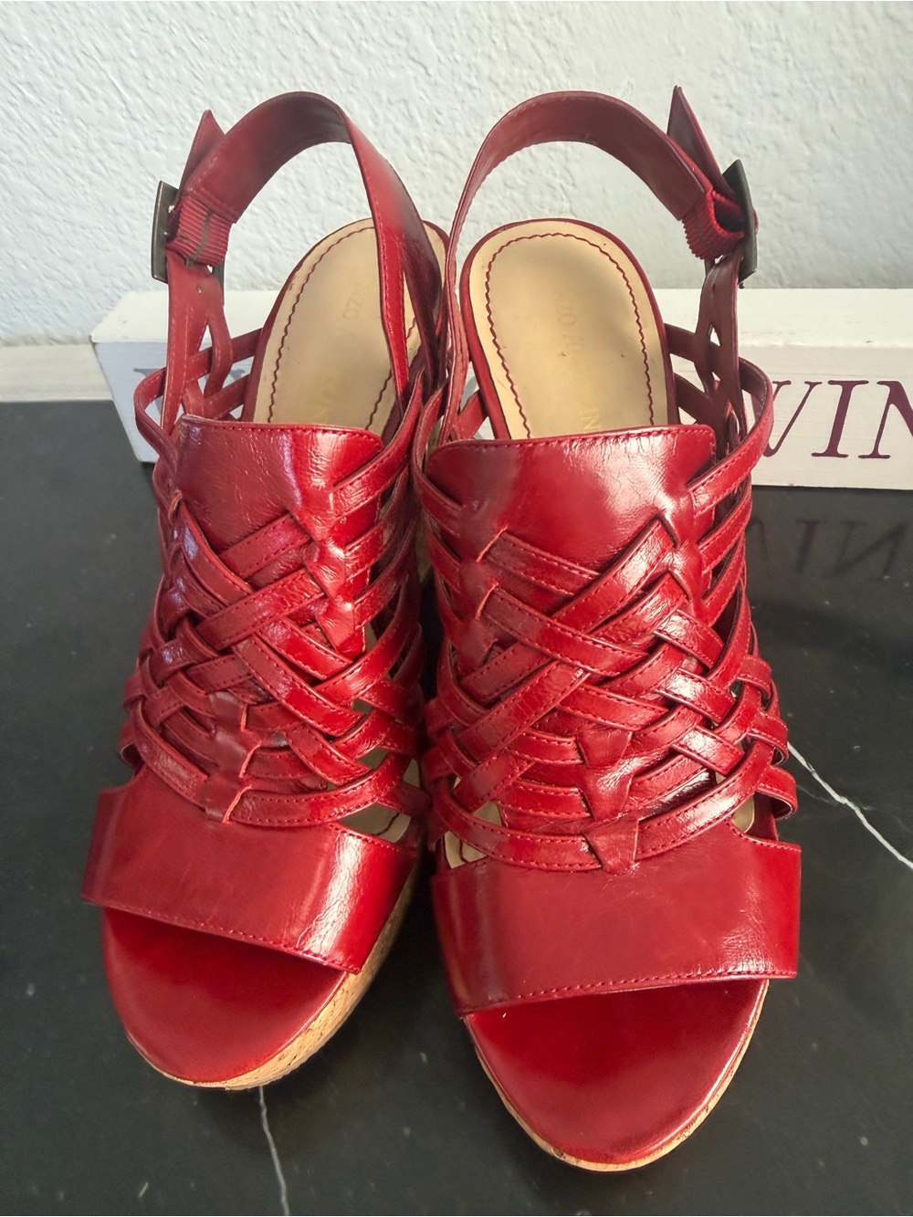 Enzo Angiolini "Vanida" Red Leather Woven Strappy Cork Wedge Sandals - Picture 2 of 9